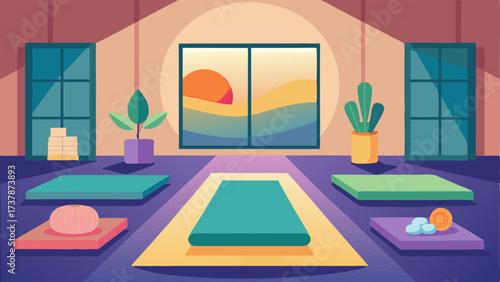 A peaceful yoga studio with soft lighting and colorful mats for a calming workout.