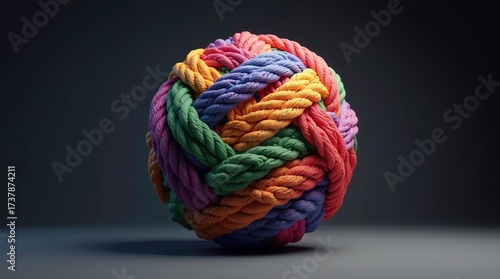 Unity and Strength Concept .perfectly round ball made of thick colorful intertwined ropes symbolically Strong diverse network rope team concept integrate cooperation power.ai generative