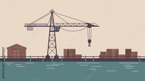 Illustration of a crane near a body of water with crates and a small building on the dock area