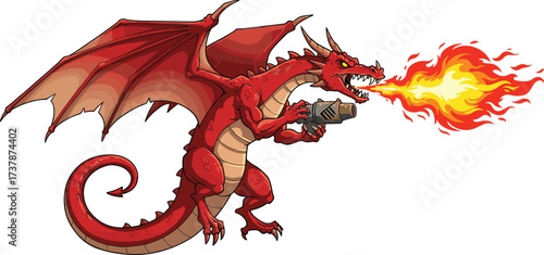 Red dragon illustration, futuristic weapon, fire breathing creature, fantasy sci fi hybrid, mythical beast, armored scales, epic artwork, powerful monster, digital art, dramatic scene