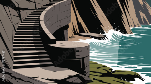 A stone staircase leading to a platform overlooking the ocean with waves crashing against the rocks