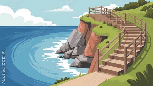 A coastal scene with a winding staircase leading down to the ocean with rocks and grassy cliffs