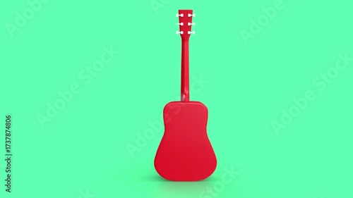 Red Acoustic Guitar Rotating Against a Bright Green Background