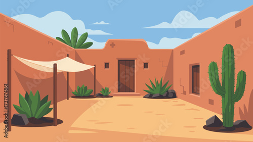 Illustration of a desert courtyard with adobe buildings, cactus, and a shaded seating area under a blue sky