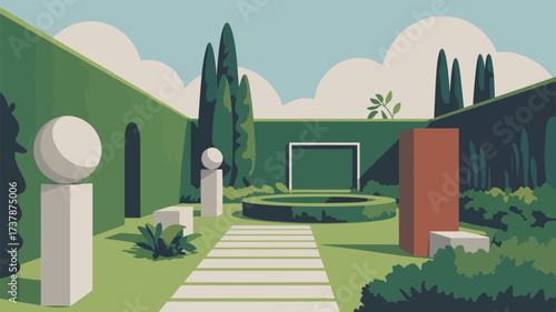 Illustration of a formal garden with topiary, sculptures, and a geometric stone path design