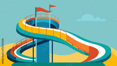 A modern water slide complete with a twisting shape and a landing pool at the bottom.