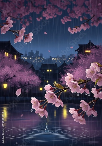 Peaceful Sakura Blossom Night Scene.