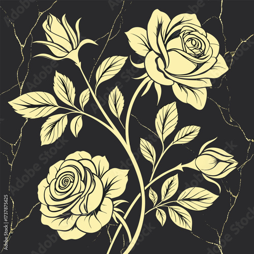 Elegant yellow roses and buds with leaves on a dark background featuring subtle gold marble texture and cracks seamless background with roses