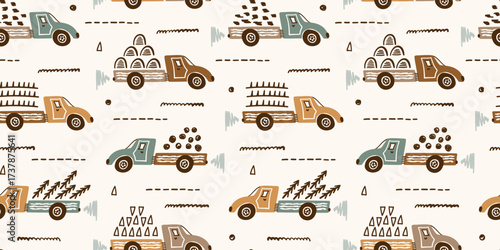 Toy Dump Trucks Vector Seamless Pattern . Doodle Transportation Background for Kids in Earth Colors. 