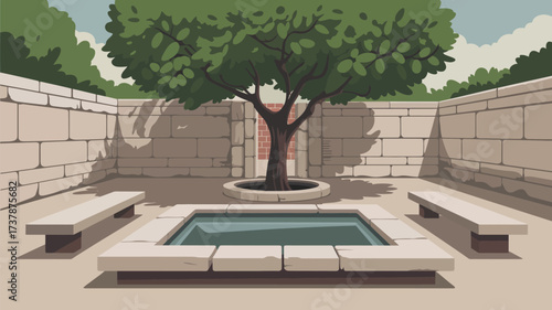 Illustration of a stone courtyard with a tree benches and a pool in a cartoon style setting outdoors