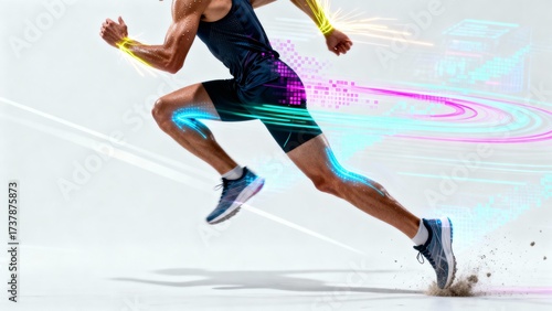 Dynamic runner in motion showcasing speed and energy with colorful digital effects
