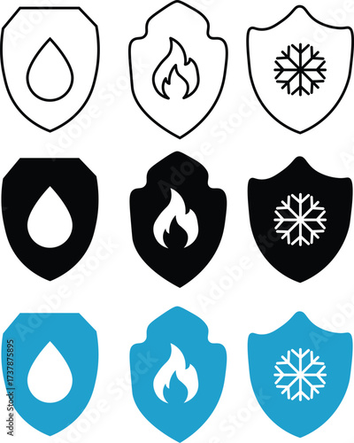Waterproof, fireproof, sunproof and frostproof defense icon. Resistance, Protection from External Influence. Resistance on transparent background
