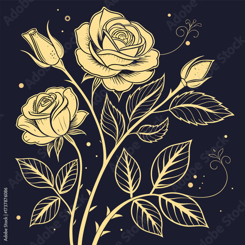 Elegant gold line art illustration of blooming roses and buds on a dark background with decorative elements seamless pattern with rose