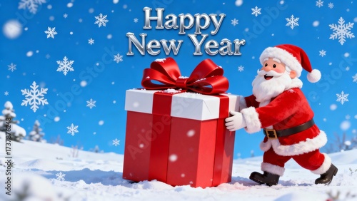 Santa Claus delivering a gift in a snowy winter landscape to celebrate the New Year with joy and cheerfulness