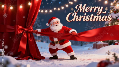 Cheerful Santa Claus unveils Christmas surprises in a snowy winter wonderland at night