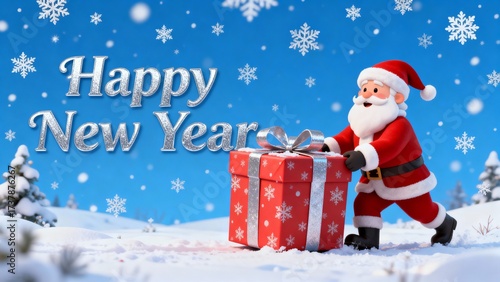 Santa Claus delivers a big gift in a snowy winter landscape for New Year celebration