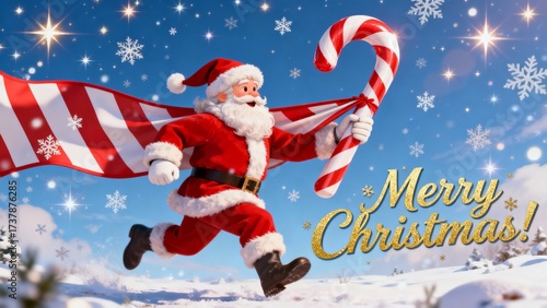 Santa Claus joyfully running with a candy cane on a snowy day celebrating Christmas festivities