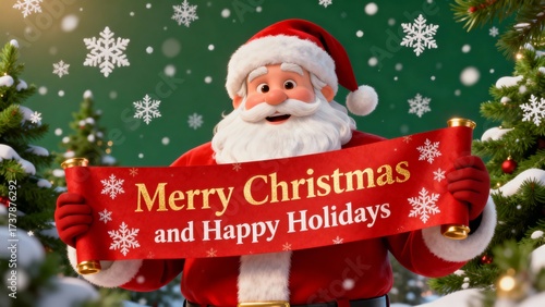 Santa Claus happily holds a banner wishing everyone a Merry Christmas and Happy Holidays amidst a snowy backdrop