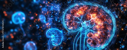 Chronic kidney disease effects on renal tissue, kidney pathology image, histopathology highlighting glomerular damage, tubule fibrosis, medical imaging of kidney degeneration