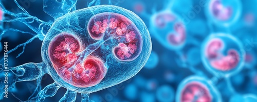 Chronic kidney disease effects on renal tissue, kidney pathology image, histopathology highlighting glomerular damage, tubule fibrosis, medical imaging of kidney degeneration