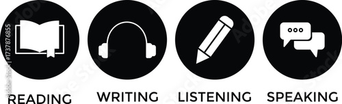 
Language skill icon set speaking listening reading writing education test logo vector. Language skills icon set on transparent background for education test. Language skill icon
