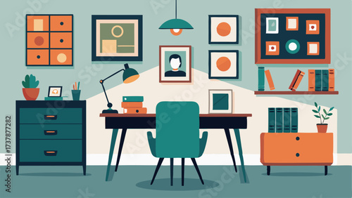 An eclectic home office with a vintage desk transparent modern chair and a gallery wall of black and white photographs.