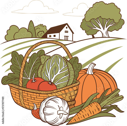 Mixed Style Vegetable Artwork Combining Outlines and Realistic Coloring