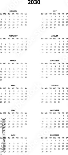 2030 Calendar template. Calendar 2030 - 12 months yearly calendar in year 2030 - planner calendar. Vector illustration for print, web, mobile app on transparent background