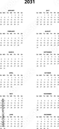 2031 Calendar template. Calendar 2031 - 12 months yearly calendar in year 2031 - planner calendar. Vector illustration for print, web, mobile app on transparent background