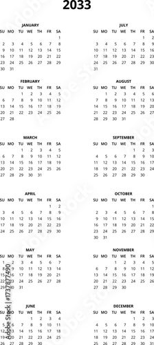 2033 Calendar template. Calendar 2033 - 12 months yearly calendar in year 2033 - planner calendar. Vector illustration for print, web, mobile app on transparent background
