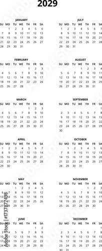 2029 Calendar template. Calendar 2029 - 12 months yearly calendar in year 2029 - planner calendar. Vector illustration for print, web, mobile app on transparent background