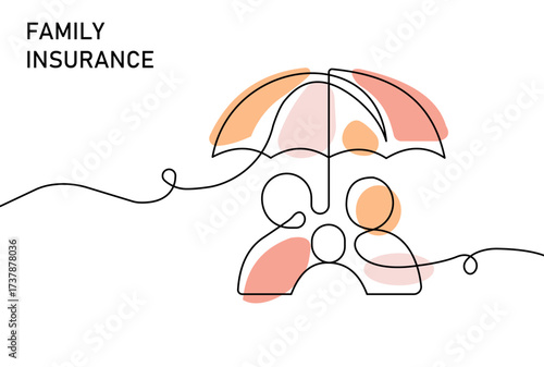 A minimal line drawing shows a family beneath a shared umbrella, symbolizing protection, care, and financial security. Warm color accents convey safety, unity, and support through insurance.