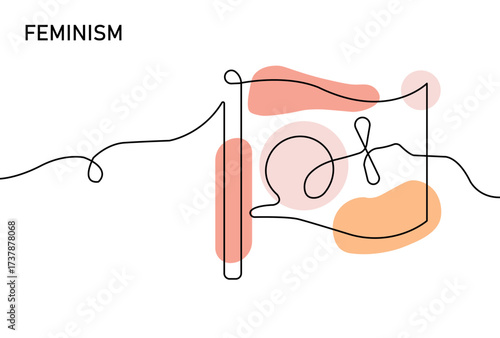 A minimalist line drawing overlay soft orange and pink shapes with the word feminism, conveying theme of gender equality, empowerment and social movement. Suitable for creative and education projects.