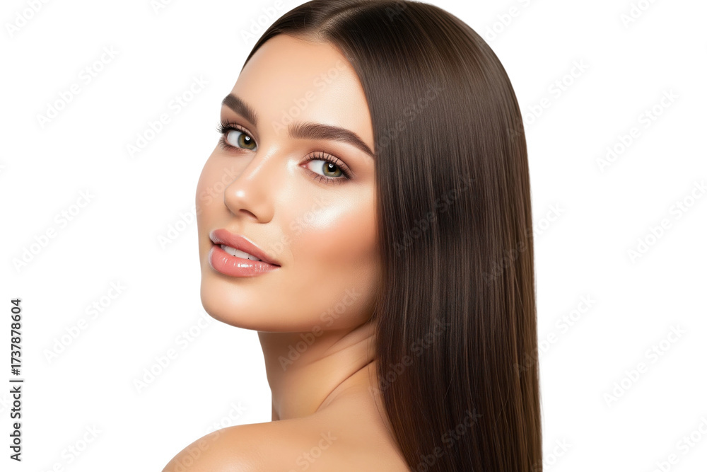 Fototapeta premium Profile Portrait of Woman with Smooth Dark Brown Hair and Perfect Glowing Skin