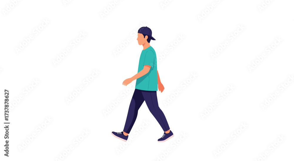 Obraz premium A young man wearing a blue t-shirt and dark pants walks outdoors.