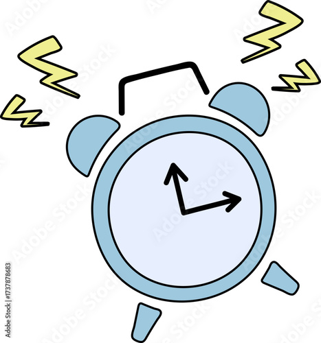 Cartoon alarm clock ringing with lightning bolts indicating a loud sound and waking up