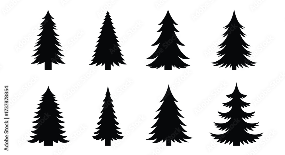Fototapeta premium A collection of eight black silhouette evergreen trees of various shapes and sizes for decorative purposes.