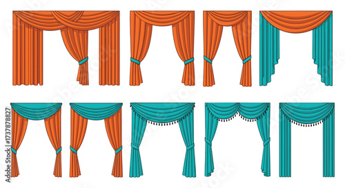 Collection of draped curtains and valances for window treatments.