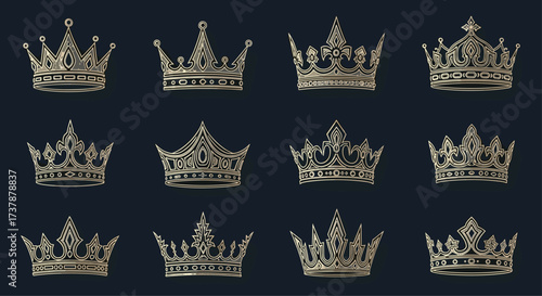 A collection of twelve intricately designed golden crowns in a vintage etched style against a dark background.