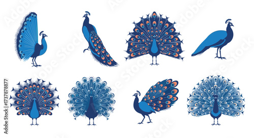 A collection of charming pixel art illustrations featuring peacocks in various poses and displays.