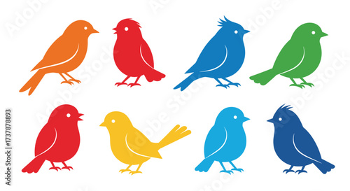 A vibrant collection of colorful bird silhouettes in assorted hues and playful poses.