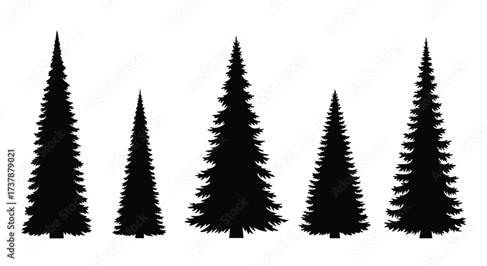 Fototapeta premium A collection of black silhouettes of evergreen coniferous trees of various sizes.