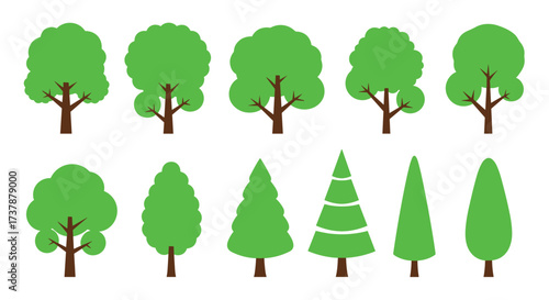 Collection of different stylized green deciduous and coniferous trees.