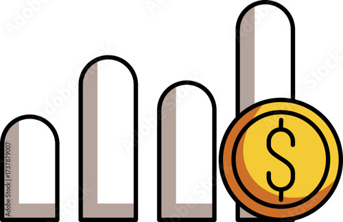 Financial growth chart icon with dollar coin, rising bar graph illustration