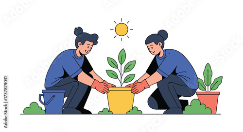 Two people planting a small tree in a yellow pot on a sunny day. .