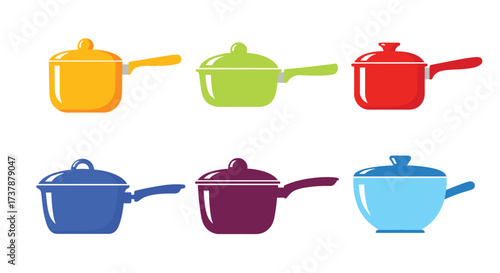 A collection of colorful saucepans with lids and handles shown on a white background.