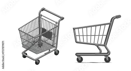 Two distinct types of metal shopping carts for carrying groceries and other items in a store.