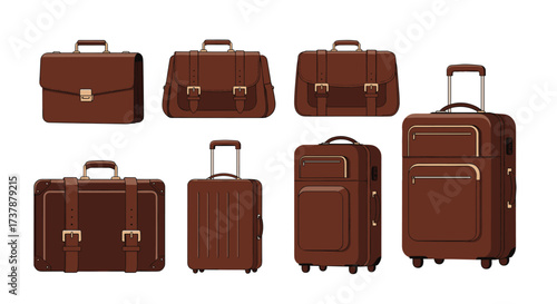 A collection of vintage brown leather suitcases and briefcases ready for travel.