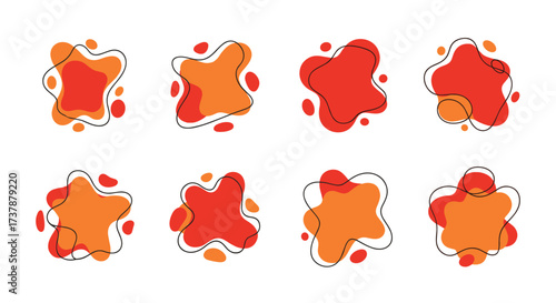 Eight abstract organic shapes in warm orange and red tones with dashed outlines.