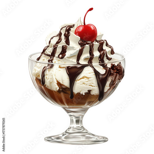 A delicious ice cream sundae isolated on transparent background, featuring layers of creamy vanilla ice cream, rich chocolate sauce, whipped cream, and a bright red cherry on top